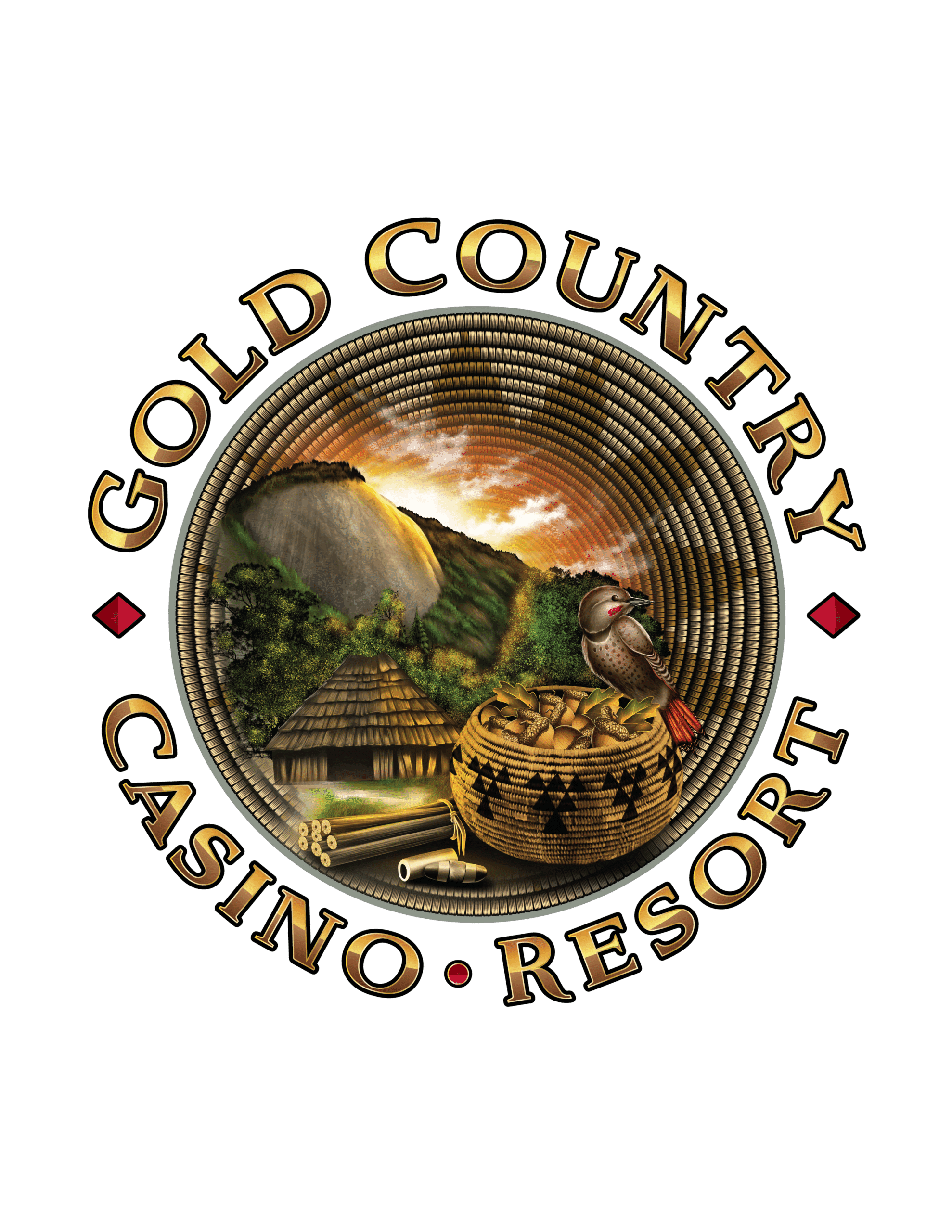 1-GCCR-CircleLogo Gold Country Casino Resort logo featuring a landscape with a mountain, basket of gold, a bird, and traditional hut, surrounded by gold text on a black background.