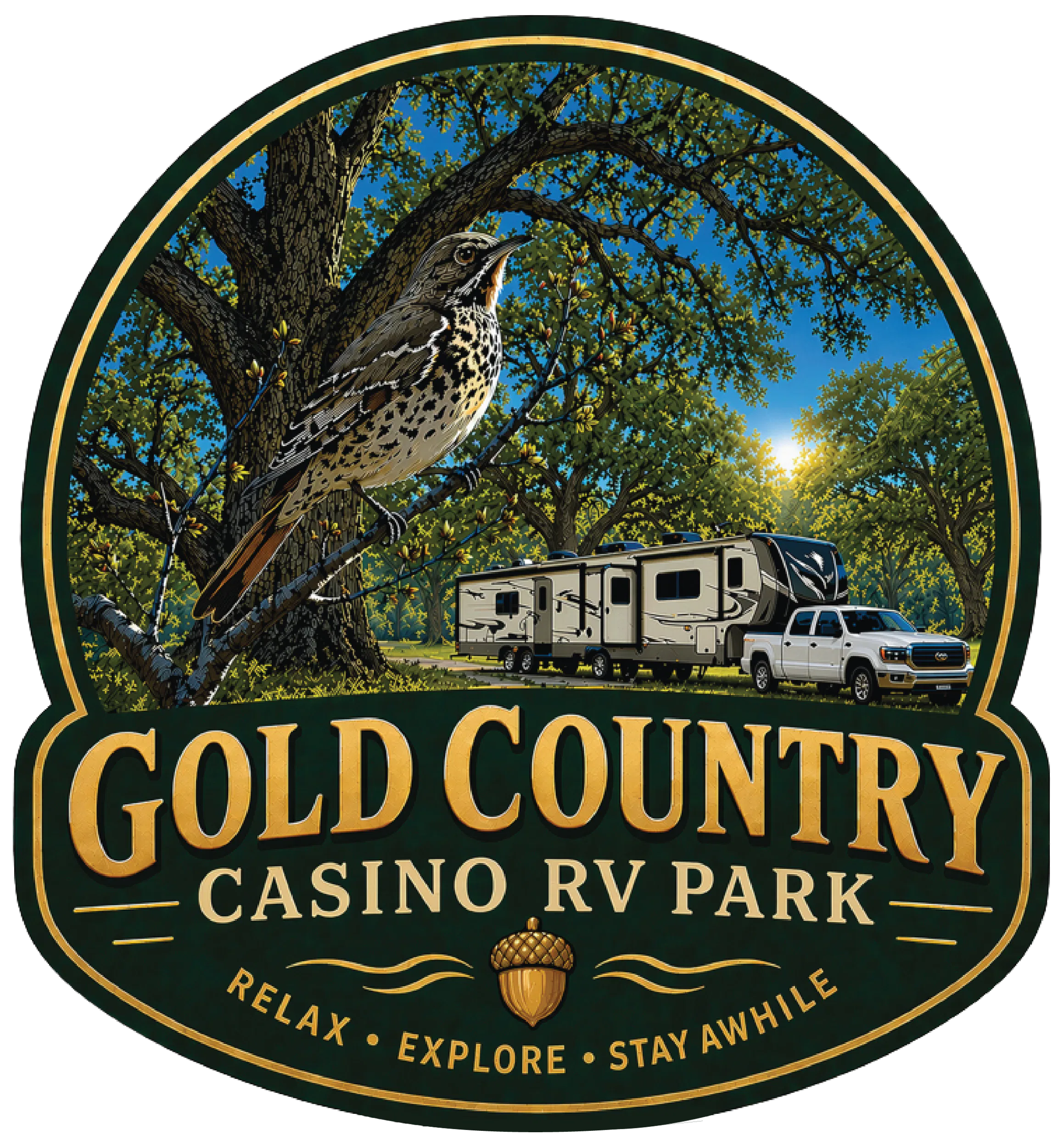 Logo for Gold Country Casino RV Park featuring a bird on a branch, an RV with a parked truck, trees in the background, and the tagline 