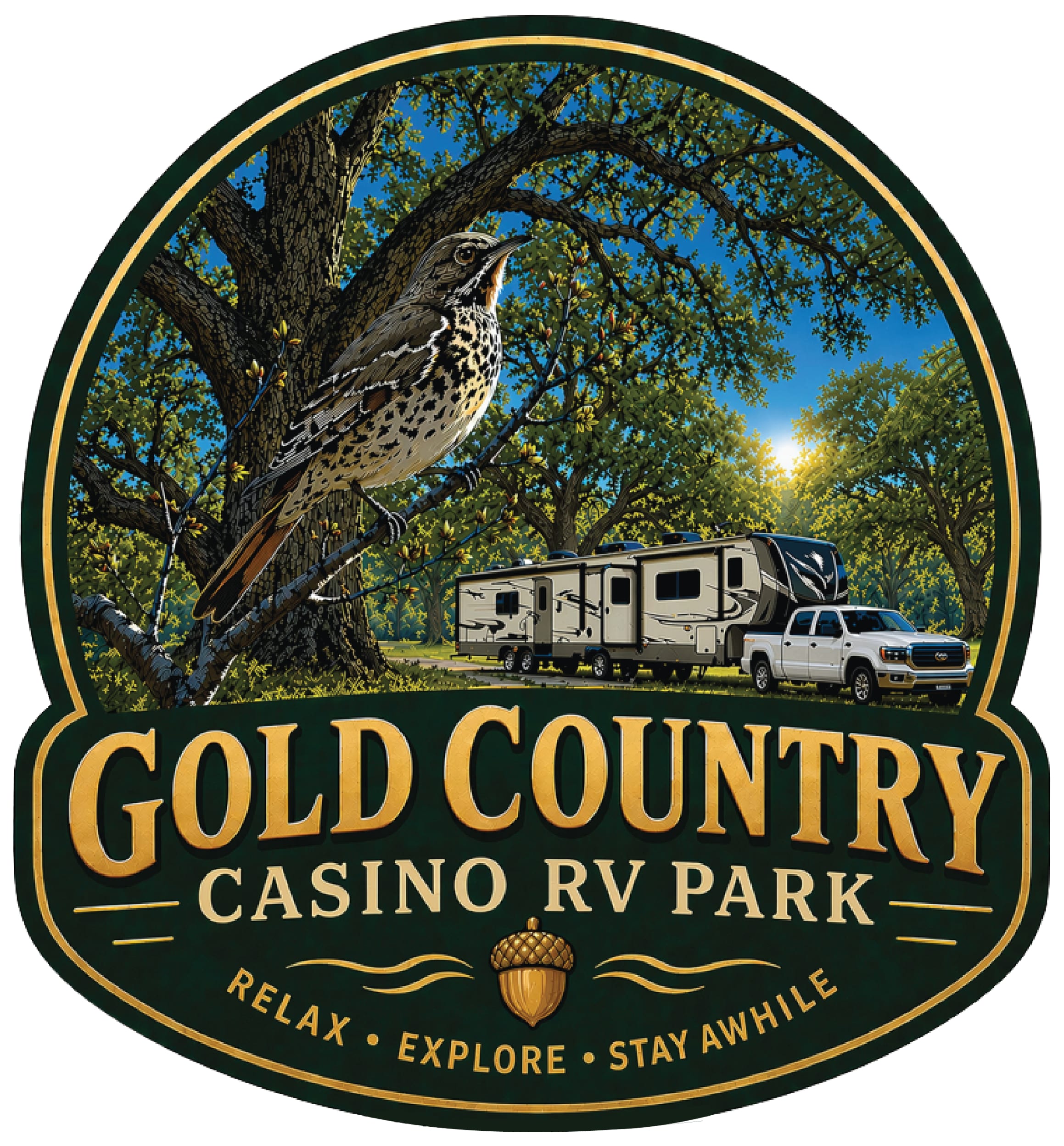 Logo for Gold Country Casino RV Park featuring a bird on a branch, an RV with a parked truck, trees in the background, and the tagline "Relax • Explore • Stay Awhile.